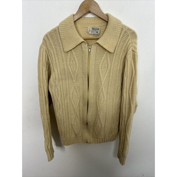 Vintage White Ram Cable Knit Woman M Wool Cardigan Zip Fisherman 70s - Picture 1 of 7